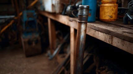 A close up shot of a weathered rusty metal pipe standing vertically in a cluttered vintage workshop environment