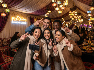 Muslim women friends taking selfie at Ramadan Iftar celebration with festive golden lights