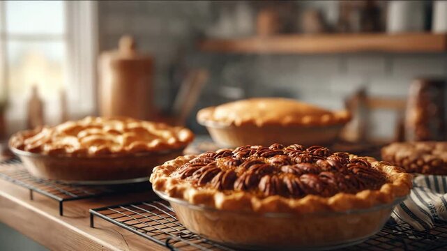 Freshly baked pecan, pumpkin, and fruit pies cooling on wire rack in kitchen. Thanksgiving pies like pumpkin and pecan on cooling racks, concept of homemade holiday desserts.