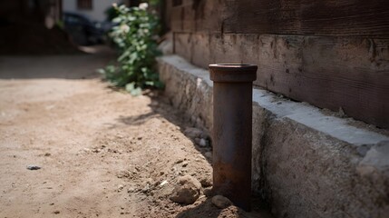 A rusty metal pipe stands upright in the soil beside a stone foundation and a wooden wall in an outdoor setting