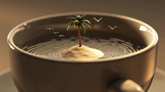 miniature floating island inside coffee cup, clear water ripples around, tiny palm tree, sand, small birds flying golden sunlight reflections refractions, cinematic 4k slow-motion video, whimsical
