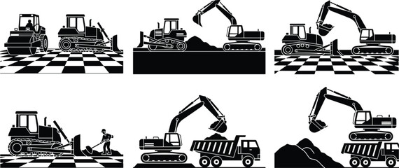 Heavy construction equipment silhouette set, excavator bulldozer dump truck actions, isolated black industrial vector illustration © MstAnowara