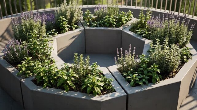 Geometric herb garden with lavender, mint and other herbs, outdoor
