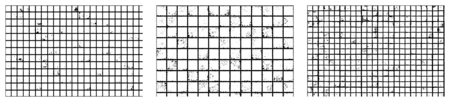 Set of three distressed grid textures with grunge effects and geometric lines