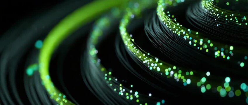 Abstract 3D rendering of a spiral with many loops and elliptical trails, glowing particle light trails with depth of field on a black background.