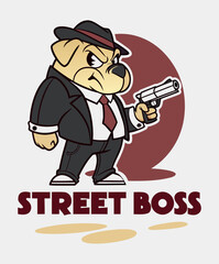 Street Boss Bulldog Gangster Mascot, Mean Dog Mafia Character Illustration with Fedora and Pistol