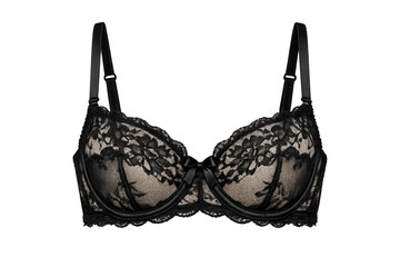 Obraz premium Black lace bra with floral pattern, elegant push-up design, feminine underwear for fashion and intimate apparel on transparent background