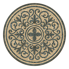 Mosaic tile pattern with circular ornament showcasing Roman-Greek design elements, perfect for Mediterranean-inspired interiors and decorative floor mosaic applications.