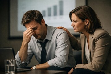 Fototapeta premium Supportive woman comforting a stressed colleague in an office, offering empathy during a difficult professional moment.