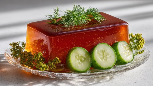 Savory tomato aspic with fresh dill and sliced cucumbers on glass plate in sunlit kitchen setting