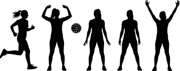 Set of black silhouettes of female volleyball players in action poses with ball isolated on white background for sports design