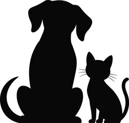 Obraz premium Dog and cat silhouette flat vector illustration, black pet animal icon isolated on white background, domestic companion logo design