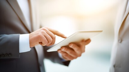 Two business professionals stand in a contemporary office, focused on a tablet. One person points at the screen, discussing important topics while light spills in from large windows