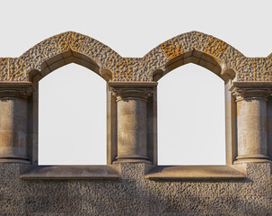 Elements of architecture of buildings, ancient arches, frames and niches, windows and apertures. On the streets in Barcelona, public places. © Kozlik_mozlik