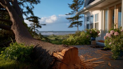 Obraz premium A natural disaster strikes a coastal town, highlighting the devastating impact of a hurricane, with strong winds and flooding causing significant damage to homes and infrastructure. cinematic color