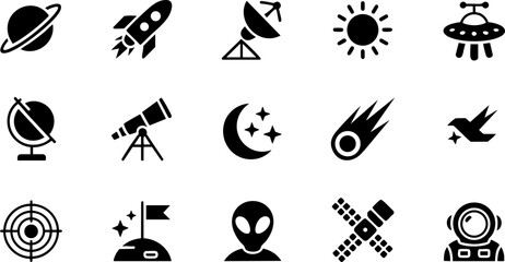 Astronomy icons set with planets, telescope, rocket, alien, astronaut, moon, comet and solar design © Rojob