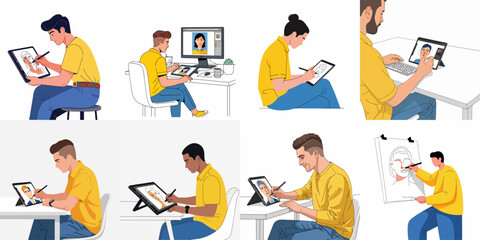 Diverse illustrators creating digital and traditional portraits, showcasing modern graphic design and drawing processes on tablets and computers.