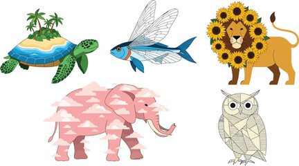 Fototapeta premium Fantastic animal art collection: turtle island, flying fish, sunflower lion, cloud elephant, geometric owl