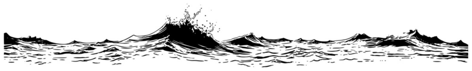 Wide ocean waves seascape in traditional woodcut engraving style © Katarzyna