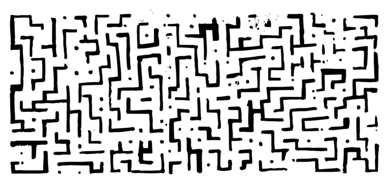 Complex black and white abstract maze pattern with hand drawn texture