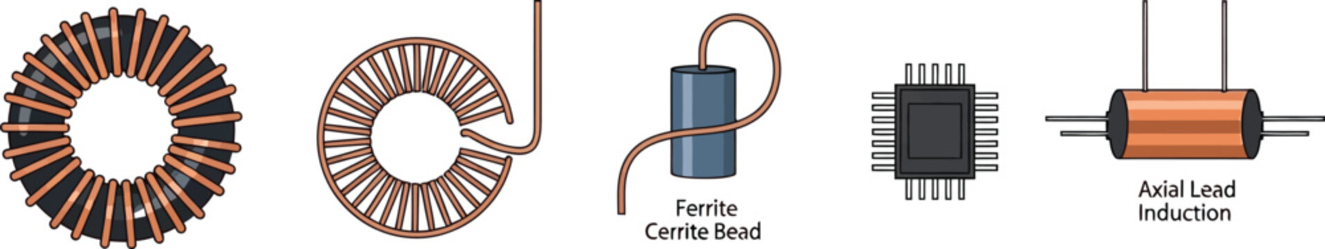 Inductor coil and electronic components, such as ferrite bead and axial lead induction, on transparent background
