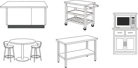 Modern kitchen furniture set with breakfast island stools rolling cart work table and microwave oven cabinet storage unit © MDMUKTADIR