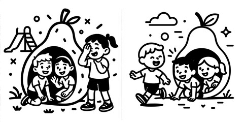 Children playing joyfully in a pear-shaped playhouse at a park