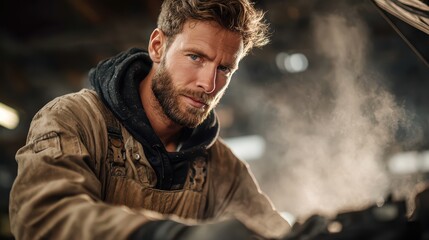 Obraz premium Focused male caucasian adult mechanic inspecting engine in workshop with intense expression and workwear attire