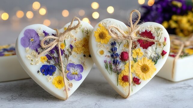 Eco valentine concept. heart shaped soap eco friendly floral valentine gift natural dried flower romantic decor handmade craft rustic twine background bokeh light