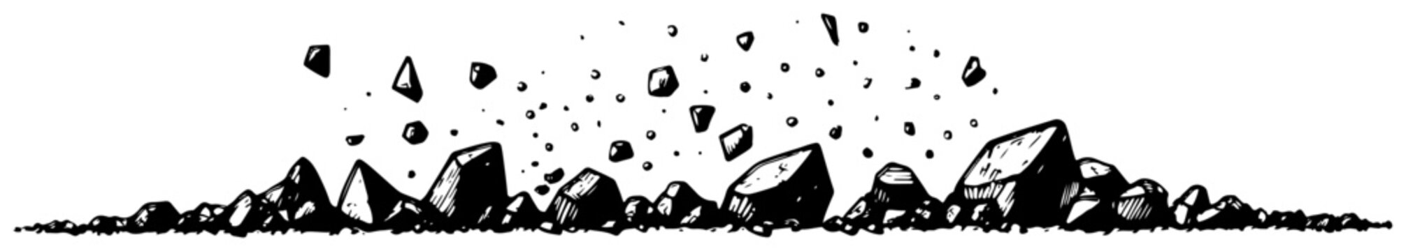 Hand drawn vector illustration of exploding rocks and debris scattering on the ground