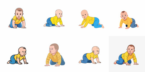 Set of eight cartoon baby illustrations crawling, depicting different expressions and developmental stages of infancy.