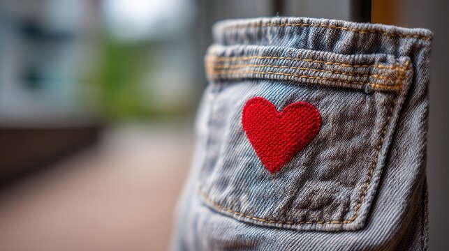 Eco valentine concept. Eco friendly denim pocket valentine heart patch symbol romantic love detail on jeans fabric texture playful mood outdoor background blur focus closeup textile design concept
