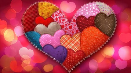 Fototapeta premium Eco valentine concept. patchwork heart fabric heart valentine background romantic decoration love symbol colorful textile stitched design handmade craft bokeh light lace border Patchwork heart