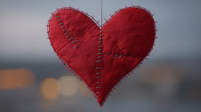 Eco valentine concept. patchwork heart red fabric handmade craft stitched seam valentines day romantic symbol love concept hanging decoration soft focus blurred background Patchwork heart made