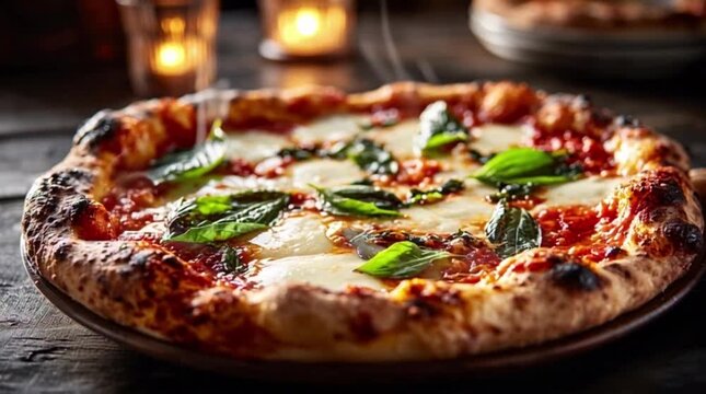 A delicious pizza with basil leaves on a plate cheese food meal