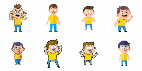 Collection of cute cartoon boy characters making funny faces, expressing various emotions, and performing playful gestures. © Muqodimatul