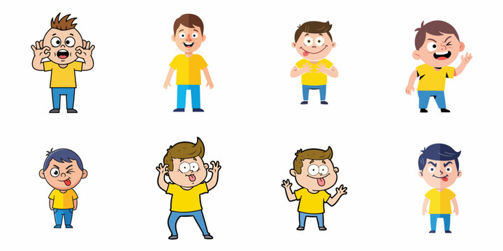 Collection of cute cartoon boy characters making funny faces, expressing various emotions, and performing playful gestures.