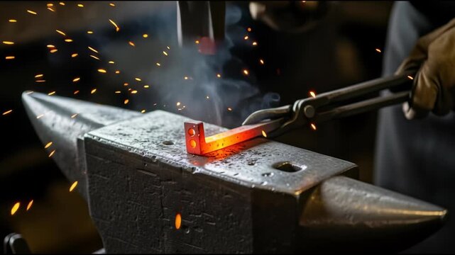 Blacksmith shaping hot metal on anvil using hammer and tongs