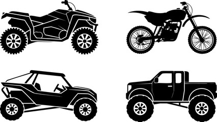 Off-road vehicles silhouette set including ATV, dirt bike, jeep and pickup for adventure design © Rojob