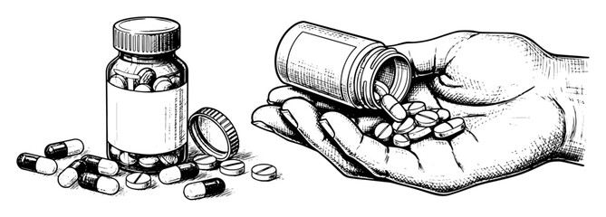 Vintage engraving sketch of medicine bottles and hand holding pills © Katarzyna
