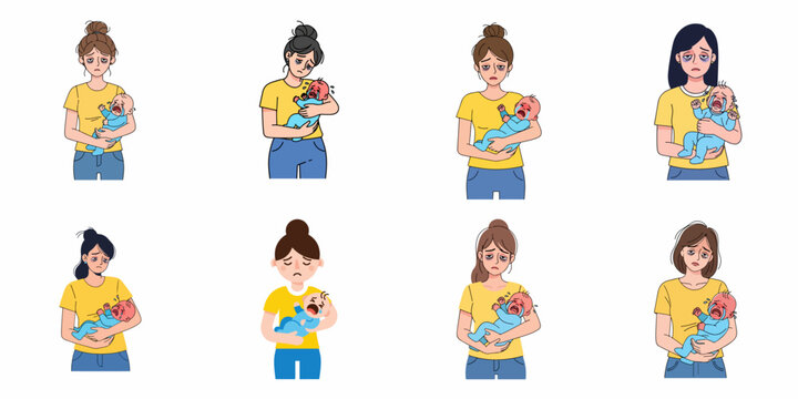 Collection of exhausted mothers holding crying babies, illustrating parental stress, postpartum fatigue, and sleep deprivation.