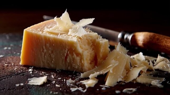 Block of parmesan cheese with knife on wooden board cheese block Italian cheese grated cheese