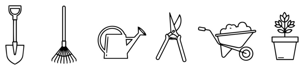 Collection of simple gardening tools and equipment icons in line art style © Katarzyna