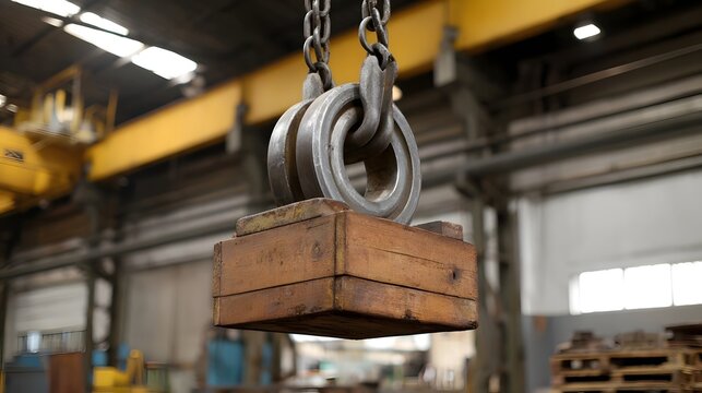 Heavy wooden block suspended by a steel chain and pulley system in a factory