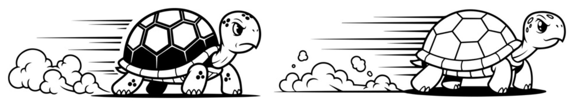 Fast running turtle cartoon character with speed lines and dust clouds