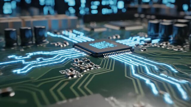 Futuristic microchip on a circuit board with glowing blue pathways and microelectronics in a high-tech environment viewed from a close-up angle