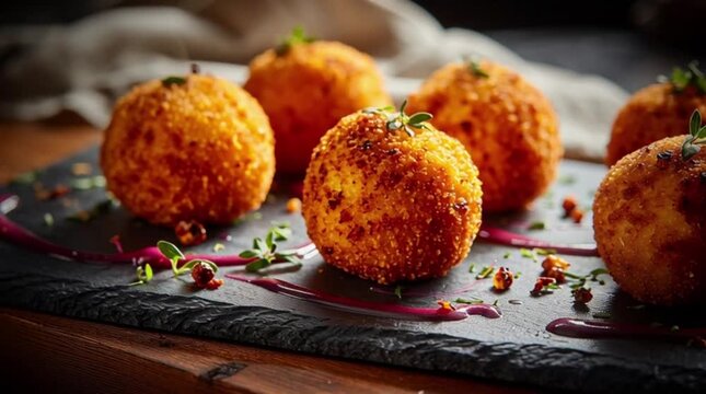 Arancini balls on slate with red sauce fried balls Italian cuisine slate plate