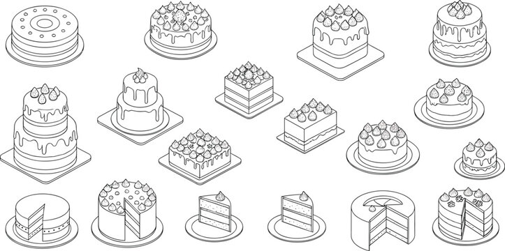 Black and white cake dessert vector collection with whole cakes, sliced cakes, layered pastries, and bakery illustrations