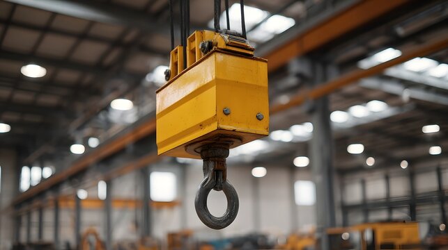 Yellow industrial crane hook suspended in a factory or warehouse setting