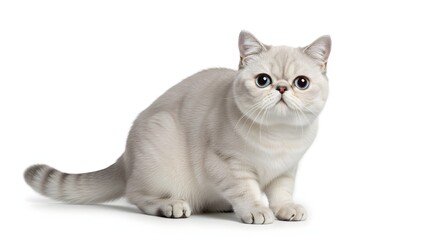 Obraz premium A British Shorthair cat sitting and looking directly at the camera, captured from a slightly elevated viewpoint, W (30).jpeg